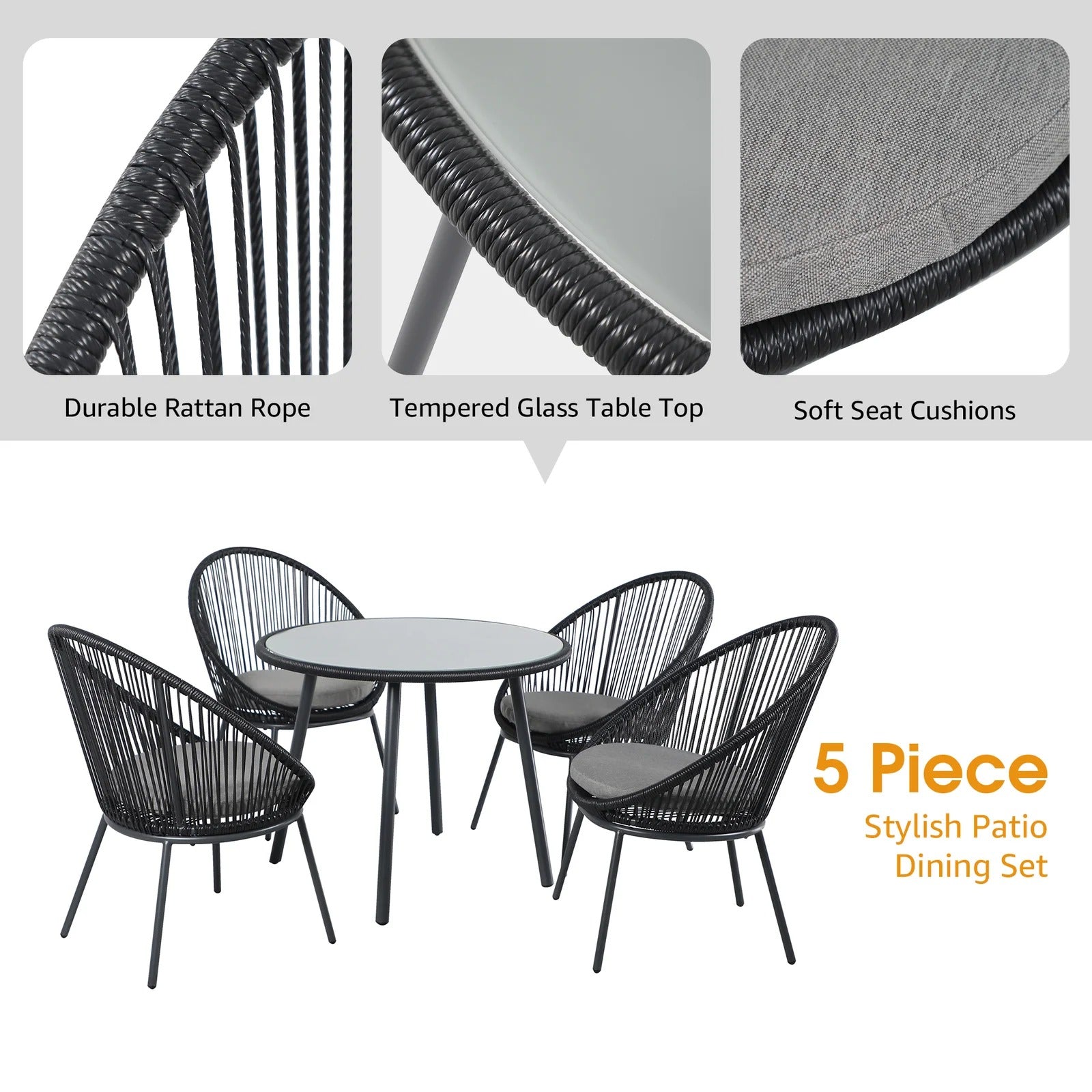 Votion Outdoor Patio Seating Set 4 Chairs and 1 Table Set (Black)