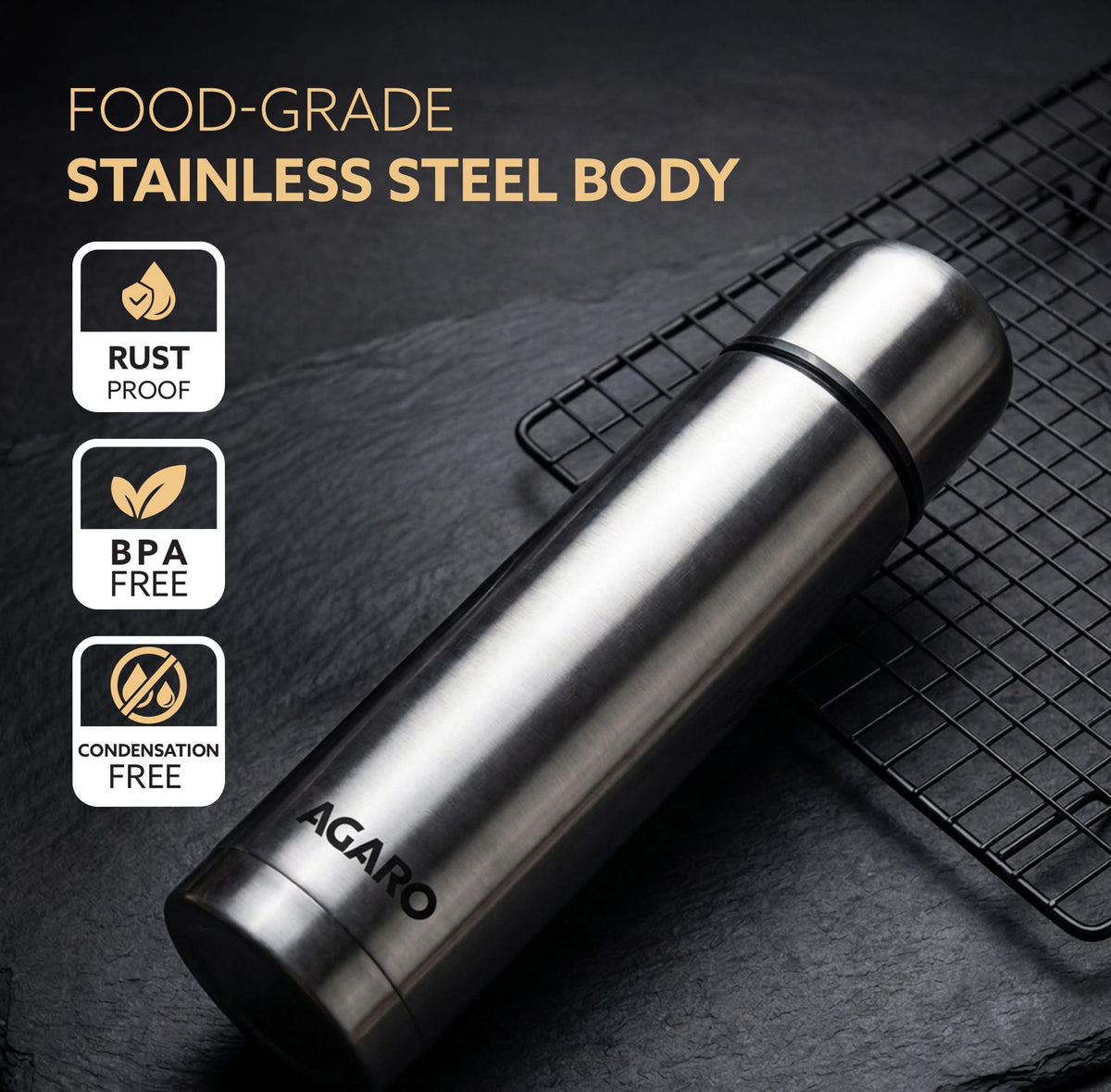 AGARO Delite Stainless Steel Flask with Bag, 1000ml, Up to 24 Hrs Hot & Cold, ISI Certified, Triple Vacuum Insulated, Le