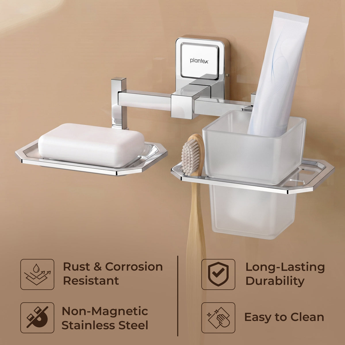 Plantex 304 Grade Stainless Steel 2in1 Soap Holder with Tumbler Holder/Wall Mounted Stand/Bathroom Accessories - Darcy (Chrome)-6