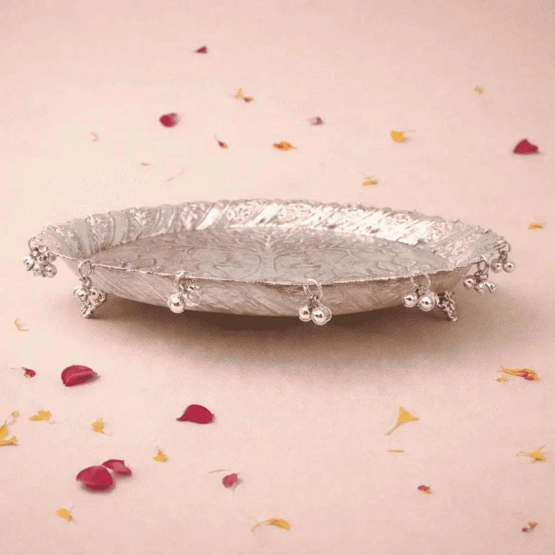 German Silver Pooja Thali With Ghungroo (11 inch)