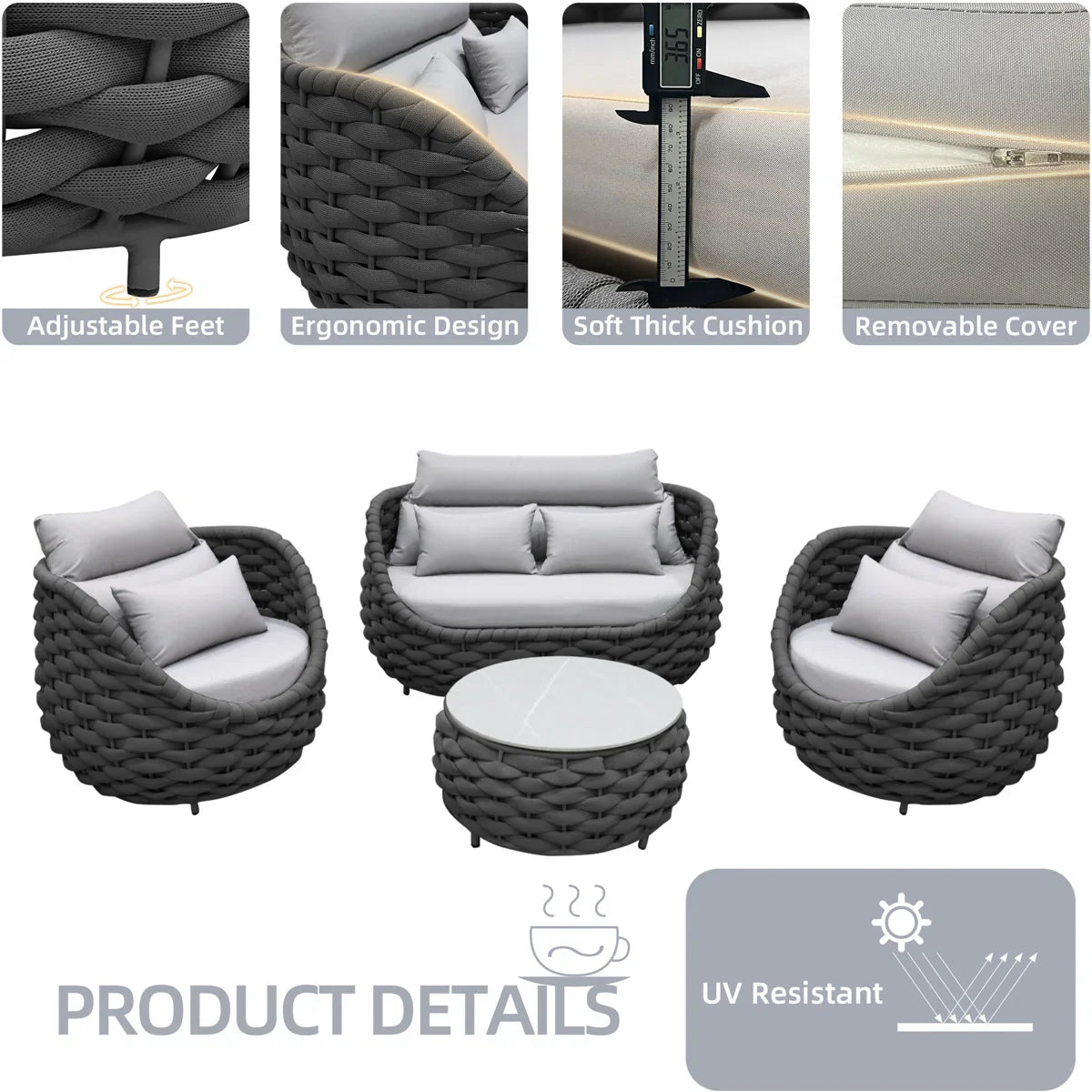 Eiva Outdoor Sofa Set 2 Seater, 2 Single seater and 1 Center Table (Light Grey) Braided & Rope