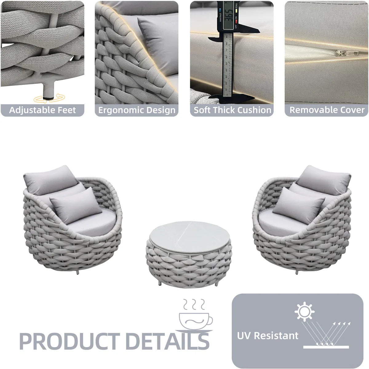 Fiae Outdoor Patio Seating Set 2 Chairs and 1 Table Set (Light Grey) Braided & Rope