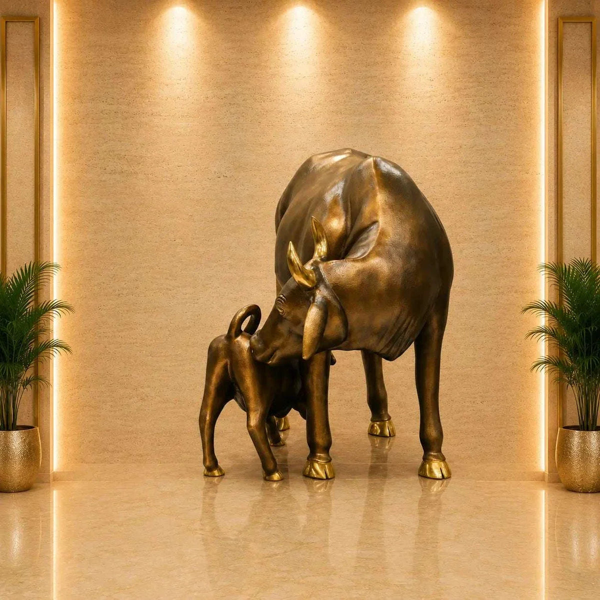Brass Majestic Kamdhenu Cow with Calf Idol on Granite Base (33 Inch)