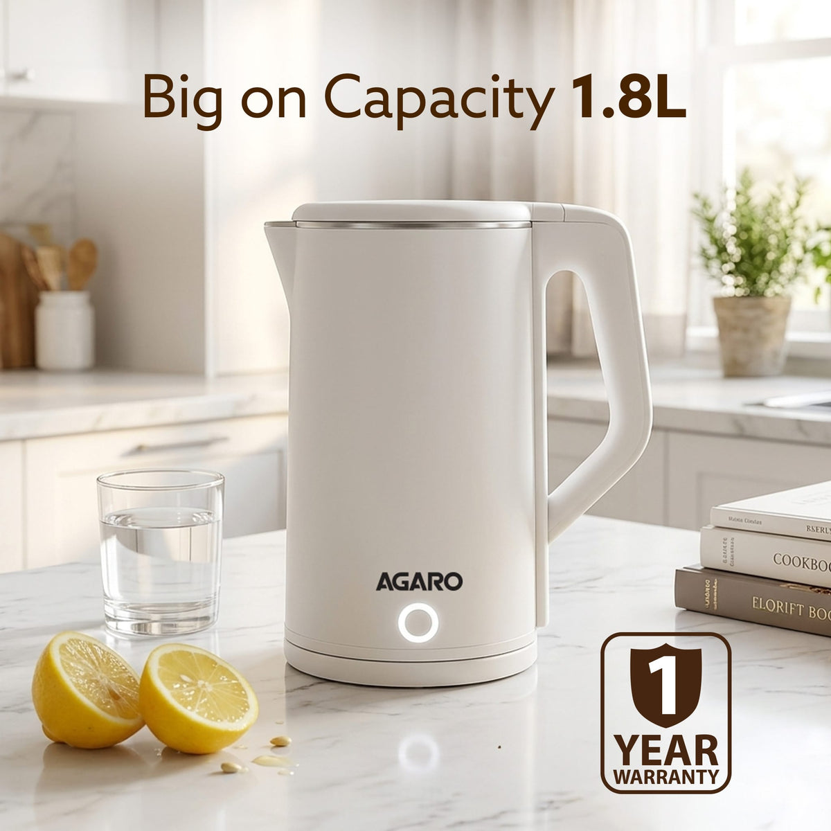AGARO எலிகண்ட் எலக்ட்ரிக் கெட்டில், 1.8லி, இரட்டை அடுக்கு கெட்டில், ஸ்டெயின்லெஸ் ஸ்டீல் உள் உடல், விரைவு கொதி, தண்ணீர் பாய்லர், சூடான தண்ணீர் கெட்டில், கருப்பு தேநீர் &amp; கருப்பு காபி தயாரிக்க, ஆட்டோ ஷட் ஆஃப், வெள்ளை -8