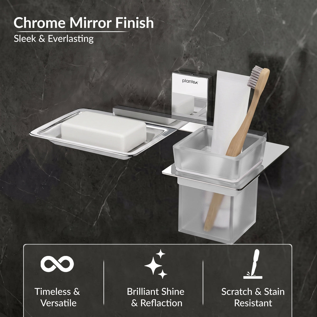 Plantex 304 Grade Stainless Steel 2 in 1 Soap Dish with Tumbler Holder/Soap Holder/Toothbrush Holder/Bathroom Accessories - Crystal (Chrome)-6