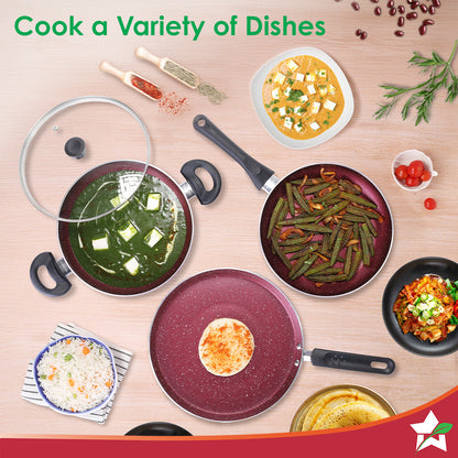 Bandhan Non-stick Cookware 4 Pc. Set | Perfect Gift | Fry Pan, Dosa Tawa, Kadhai with Glass Lid | Healthy, Low Oil Meals | Scratch-resistant | Gas & Induction Compatible | Easy to Clean