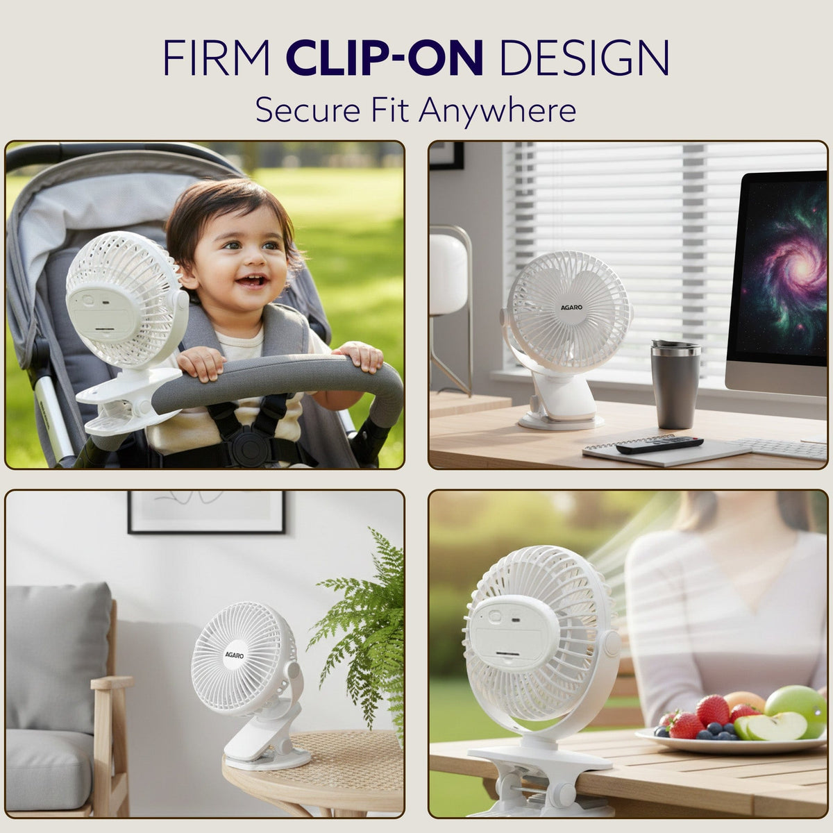 AGARO Regal Portable Clamp Fan | Rechargeable USB-C Compatible Table Fan with 3 Speeds, Multi-Clip Function, 3400 RPM & 