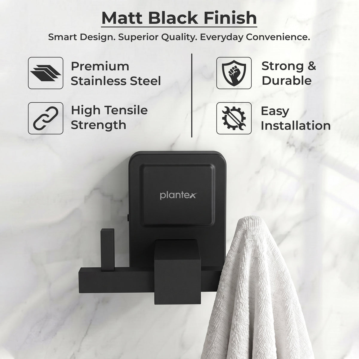 Plantex 304 Grade Stainless Steel Robe Hook/Wall Hooks for Hanging Clothes/Bathroom Hooks for Hanging/Wall Mounted Cloth Hanger - Darcy(Black)-6