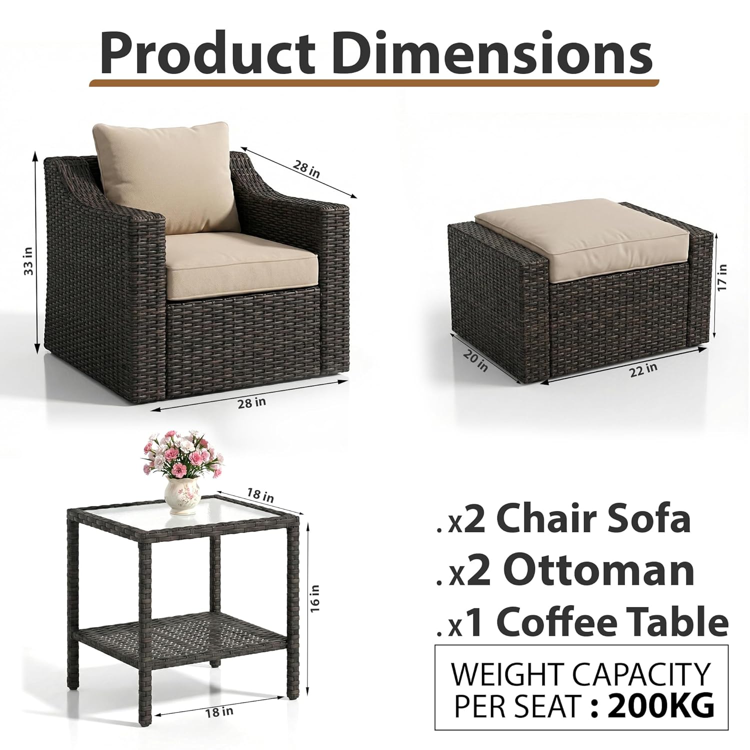Allesi Outdoor Patio Sofa Set 2 Single Seater , 2 ottoman and 1 Center Table Set (KHAKHI)