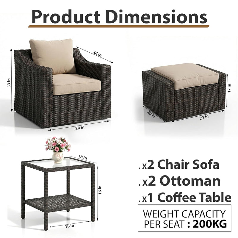 Allesi Outdoor Patio Sofa Set 2 Single Seater , 2 ottoman and 1 Center Table Set (KHAKHI)
