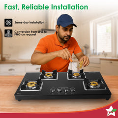Wonderchef Octavia 4 Burner Glass Hob Top Auto Cooktop | 8mm Toughened Glass | Auto Ignition | Forged Brass Burners | St