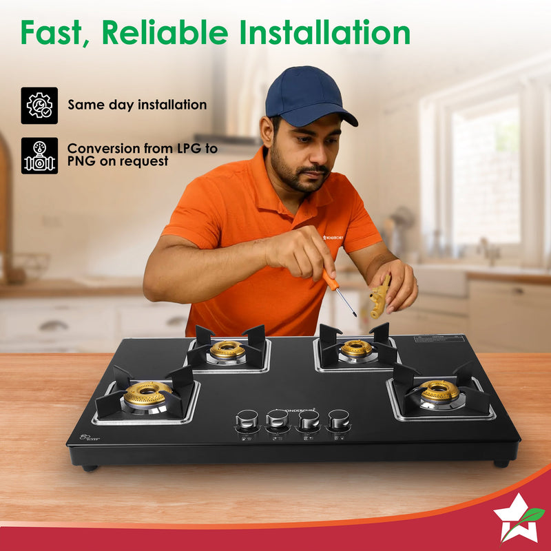 Wonderchef Octavia 4 Burner Glass Hob Top Auto Cooktop | 8mm Toughened Glass | Auto Ignition | Forged Brass Burners | St