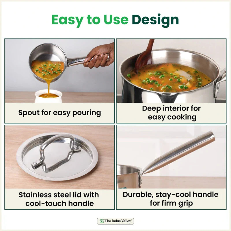 100% Premium Quality Tri-Steel Stainless Steel Tea/Milk Pan/Saucepan, 3 Layer Thick Bottom, Non-stick,  Induction & Gas, 1.3L