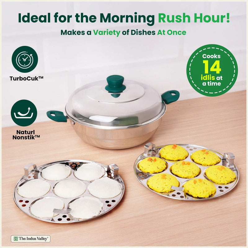 14 Pit Tri-Steel Multi Pot Premium Stainless Steel Idli/ Momo Maker/  Veg Steaming Set, Tri-ply Induction Bottom, 2 Plates, 27cm