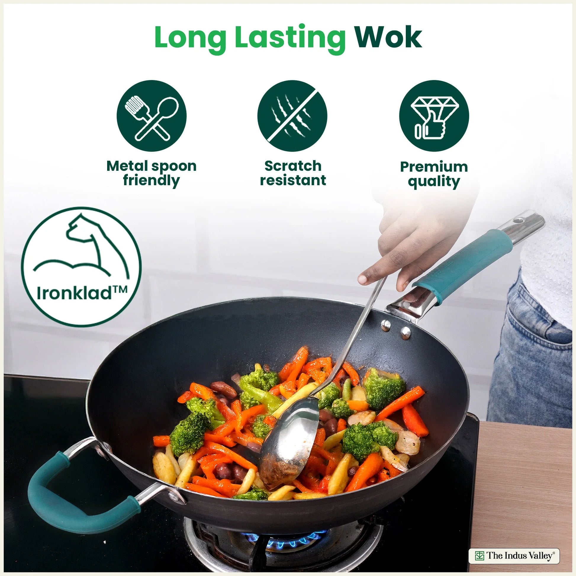 100% Pure Sheet Iron Wok Steel handle with silicone grip & Helper Handle, Toxin-free Sheet Iron, Pre-seasoned, 4L /30 Cm