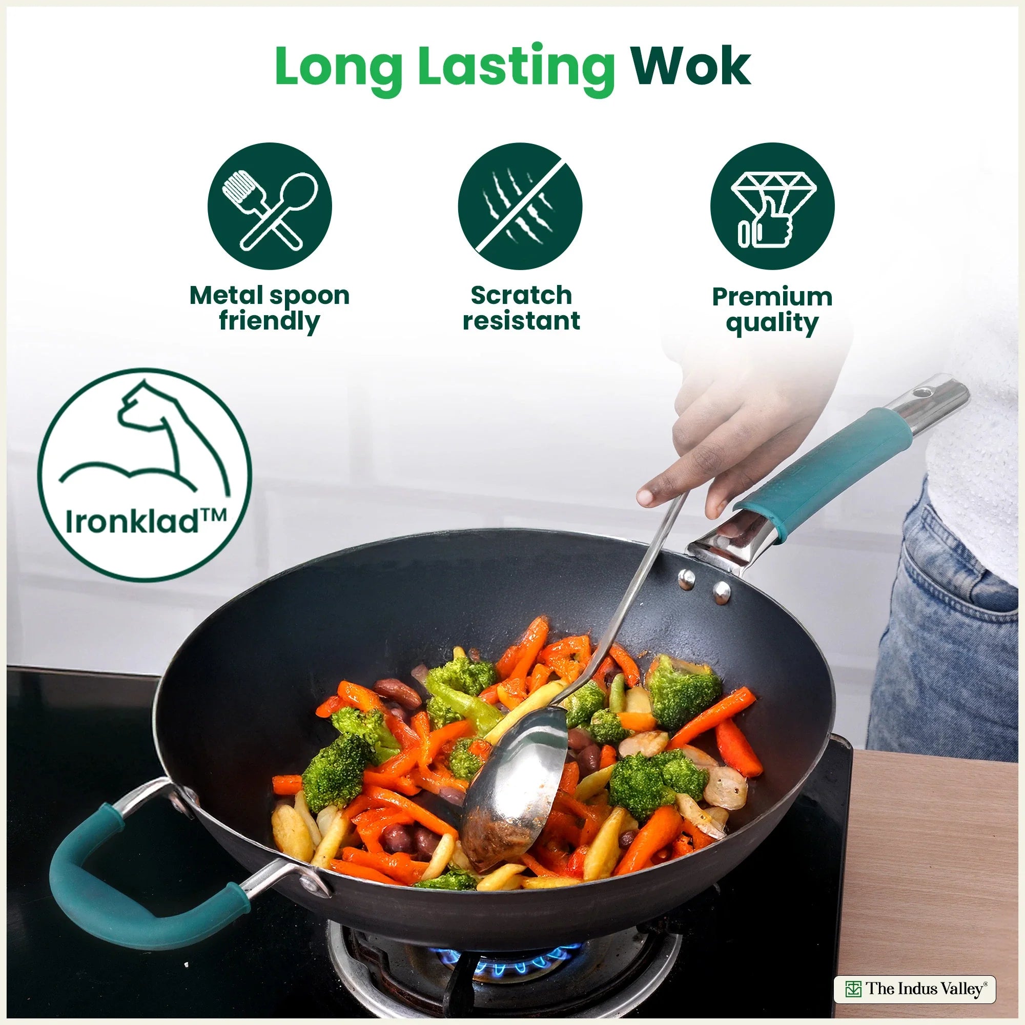100% Pure Sheet Iron Wok Steel handle with silicone grip & Helper Handle, Toxin-free Sheet Iron, Pre-seasoned, 4L /30 Cm