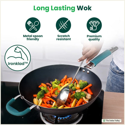 100% Pure Sheet Iron Wok Steel handle with silicone grip & Helper Handle, Toxin-free Sheet Iron, Pre-seasoned, 4L /30 Cm