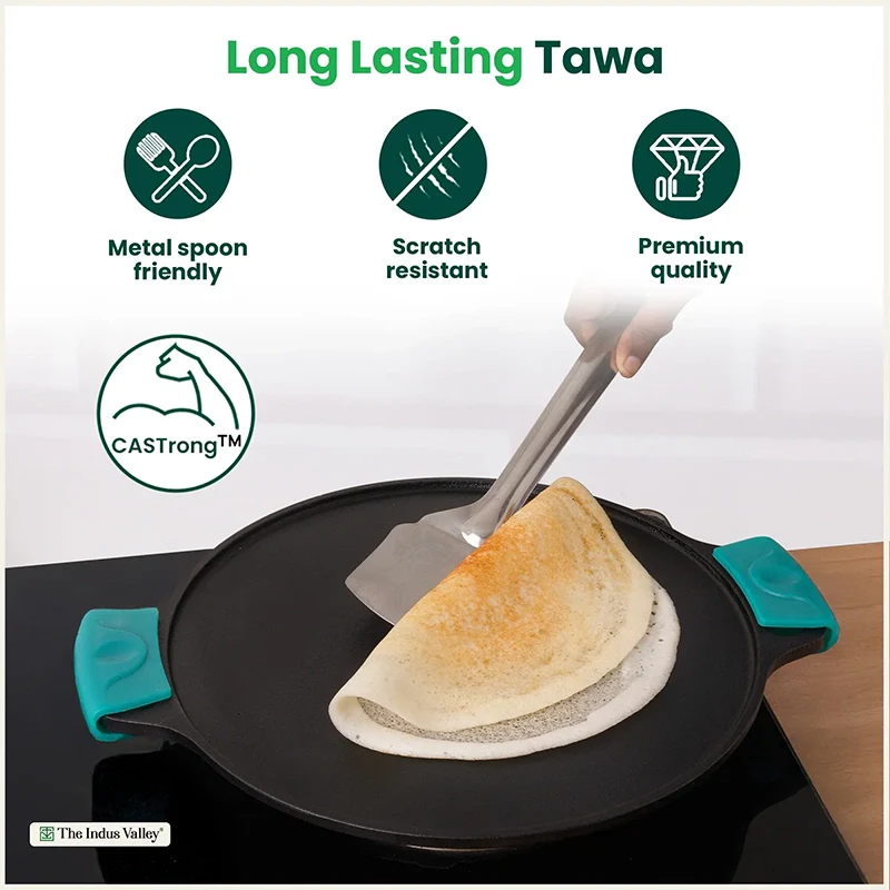CASTrong Cast Iron Double Handle Tawa with Silicon Handle, Pre-seasoned, Naturally Nonstick, 100% Pure, Toxin-free, Dosa Tawa for Kitchen Use, 11.8 In/30.2 cm/2.4 kg