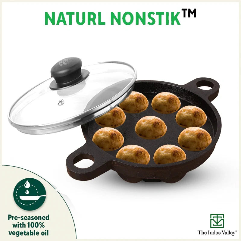 9 Pit/Cup CASTrong Cast Iron Paniyaram/Appe Pan+ Glass Lid, Pre-seasoned, Natural Nonstick, 100% Pure, Toxin-free, 21 cm, 2.7 kg