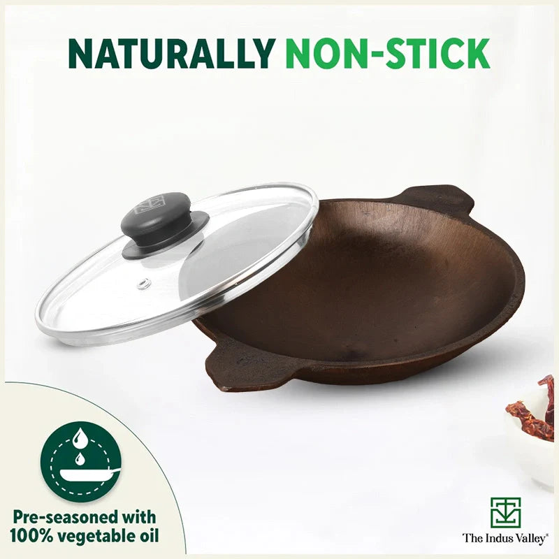 Super Smooth Cast Iron Appam Pan/Appachetty, Glass Lid,Pre-seasoned, Nonstick, 100% Pure, Toxin-free, 22cm, 1.9kg