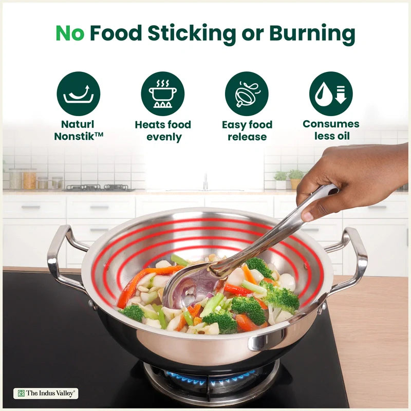 Tri-ply Stainless Steel Kadai with Steel Lid, Premium Quality, 3 Layer Thick Body, 100% Toxin-free, Non-stick, Induction & Gas, 20cm/22cm/24cm/26cm/28cm