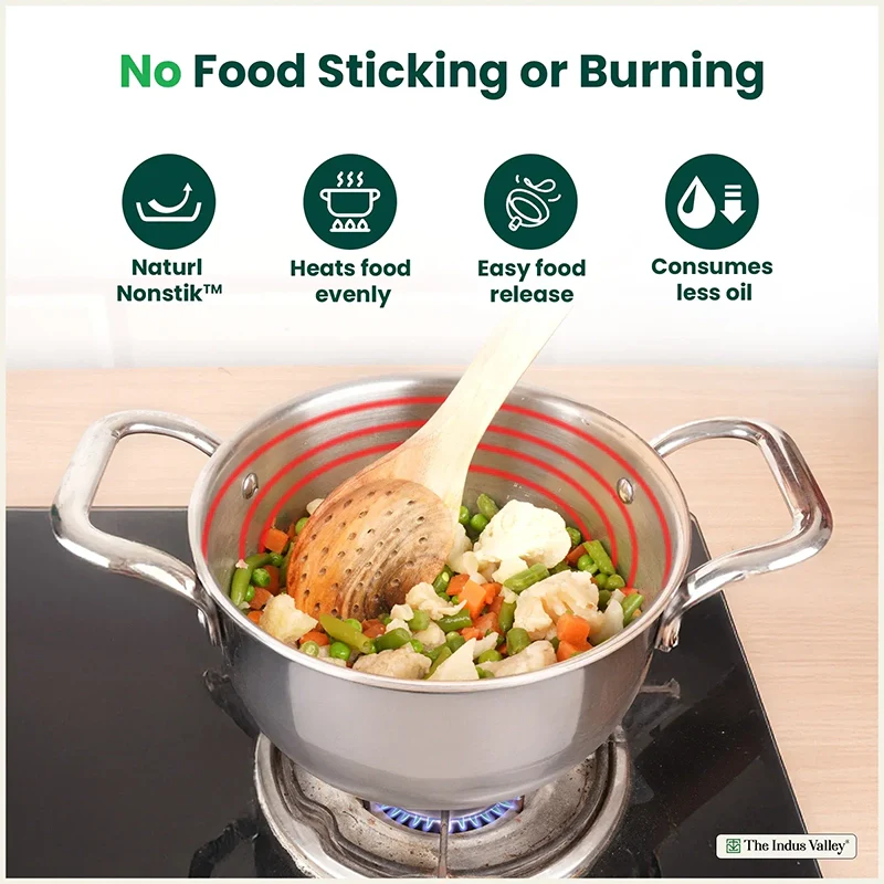 Tri-ply Stainless Steel Biryani Pot/ Casserole/ Sauce Pot with Steel Lid, Premium Quality, 3 Layer Thick Body and 5-ply Bottom, 100% Toxin-free, Non-stick, Induction & Gas, 2.3L/18cm