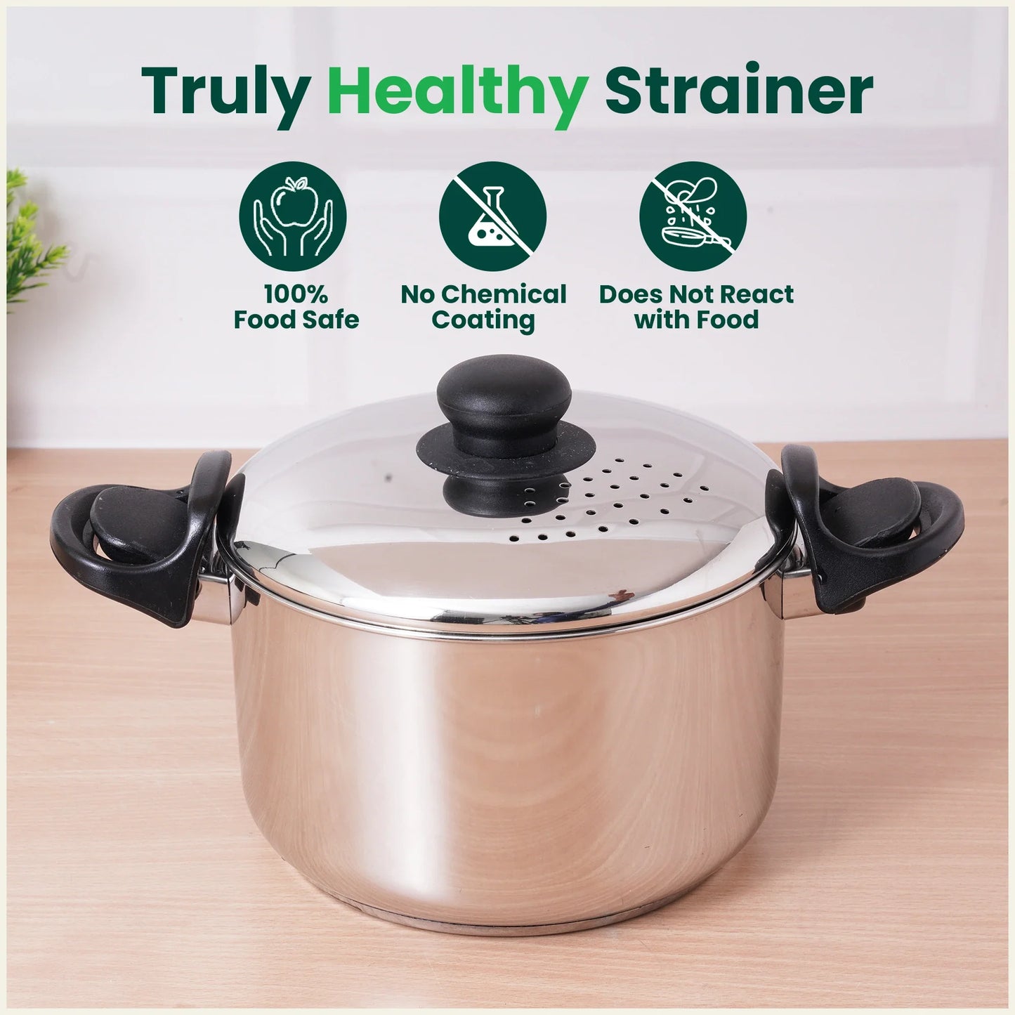 Tri-steel Stainless Steel Rice Pot with Strainer Lid & Lockable Bakelite Handles, Tri-ply 3-Layer Heavy Bottom | Noodle/Pasta/Corn/Soya/Veggies Boiler Pot, Steamer Cooker, Induction & Gas, 1.08 Kg, 19cm, 3.5 L