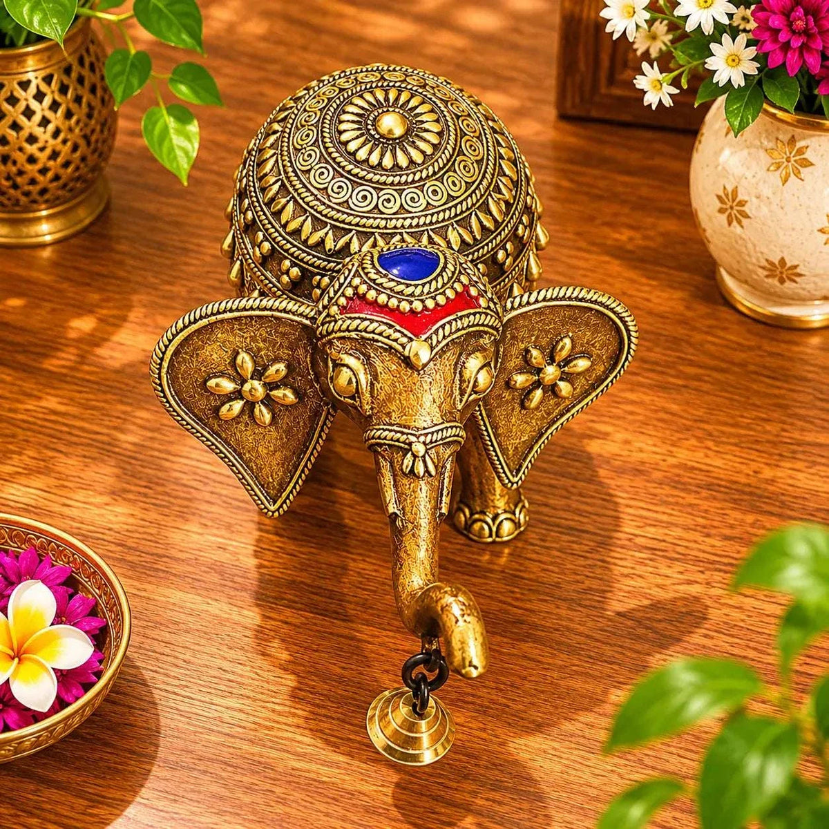 Brass Handcrafted Dhokra Elephant Statue With Bell (5.5 Inch)