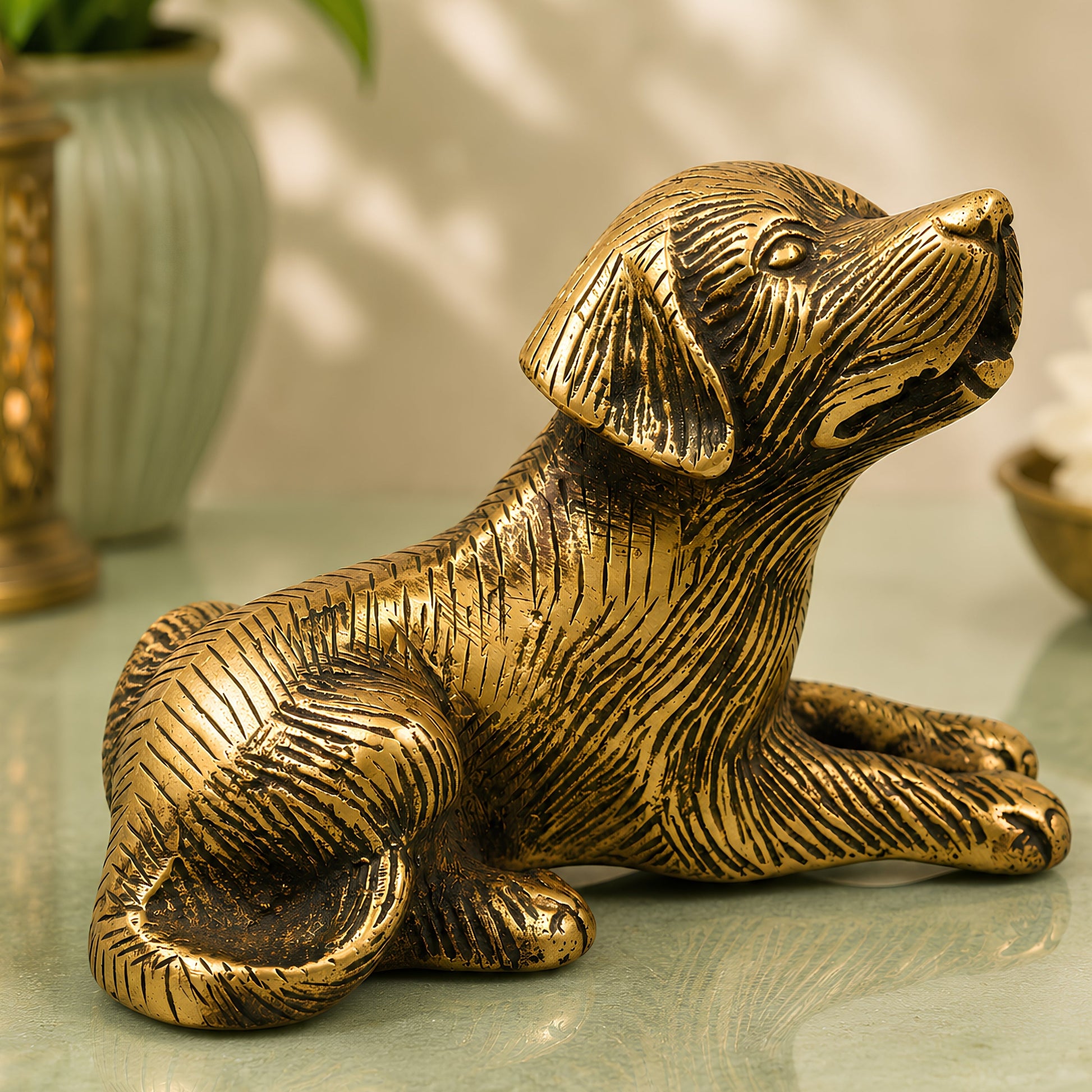 Handcrafted Brass Dog Statue for Home Decor Sculpture, Gold, 4.5 Inch, 1 Piece
