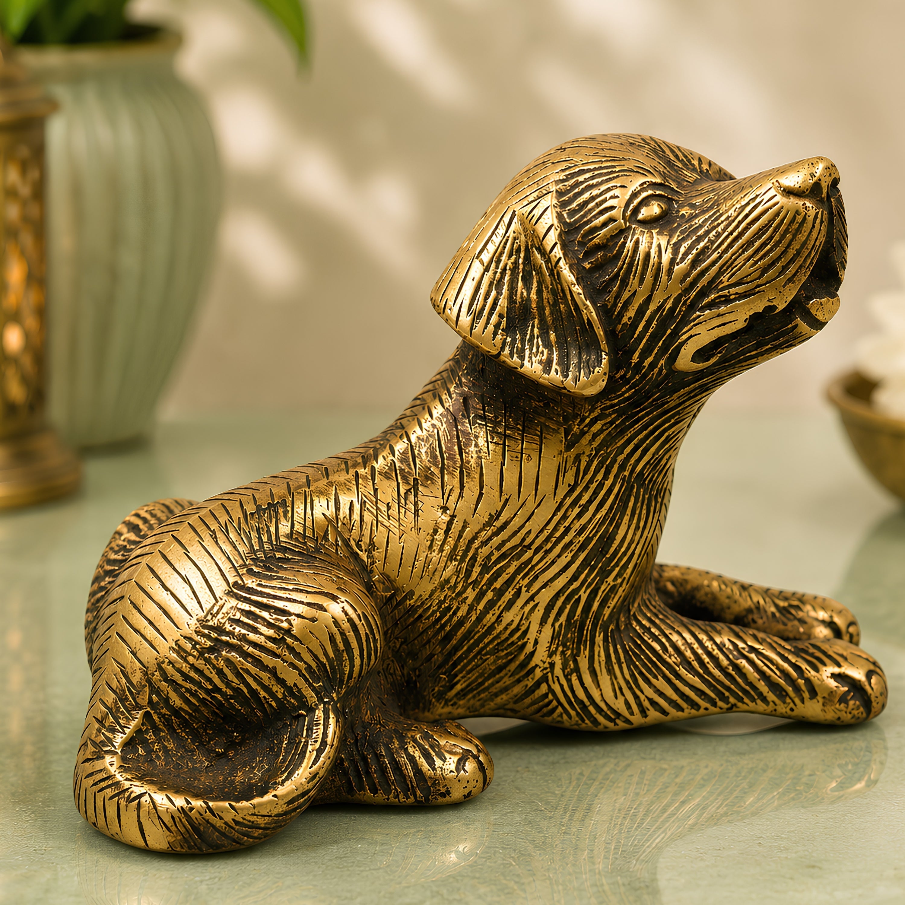 Handcrafted Brass Dog Statue for Home Decor Sculpture, Gold, 4.5 Inch, 1 Piece