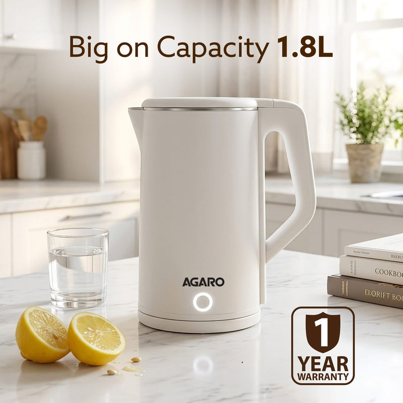 AGARO எலிகண்ட் எலக்ட்ரிக் கெட்டில், 1.8L, இரட்டை அடுக்கு கெட்டில், ஸ்டெயின்லெஸ் ஸ்டீல் உள் உடல், விரைவு கொதி, தண்ணீர் பாய்லர், சூடான தண்ணீர் கெட்டில், கருப்பு தேநீர் &amp; கருப்பு காபி தயாரிக்க, ஆட்டோ ஷட் ஆஃப், கருப்பு -8