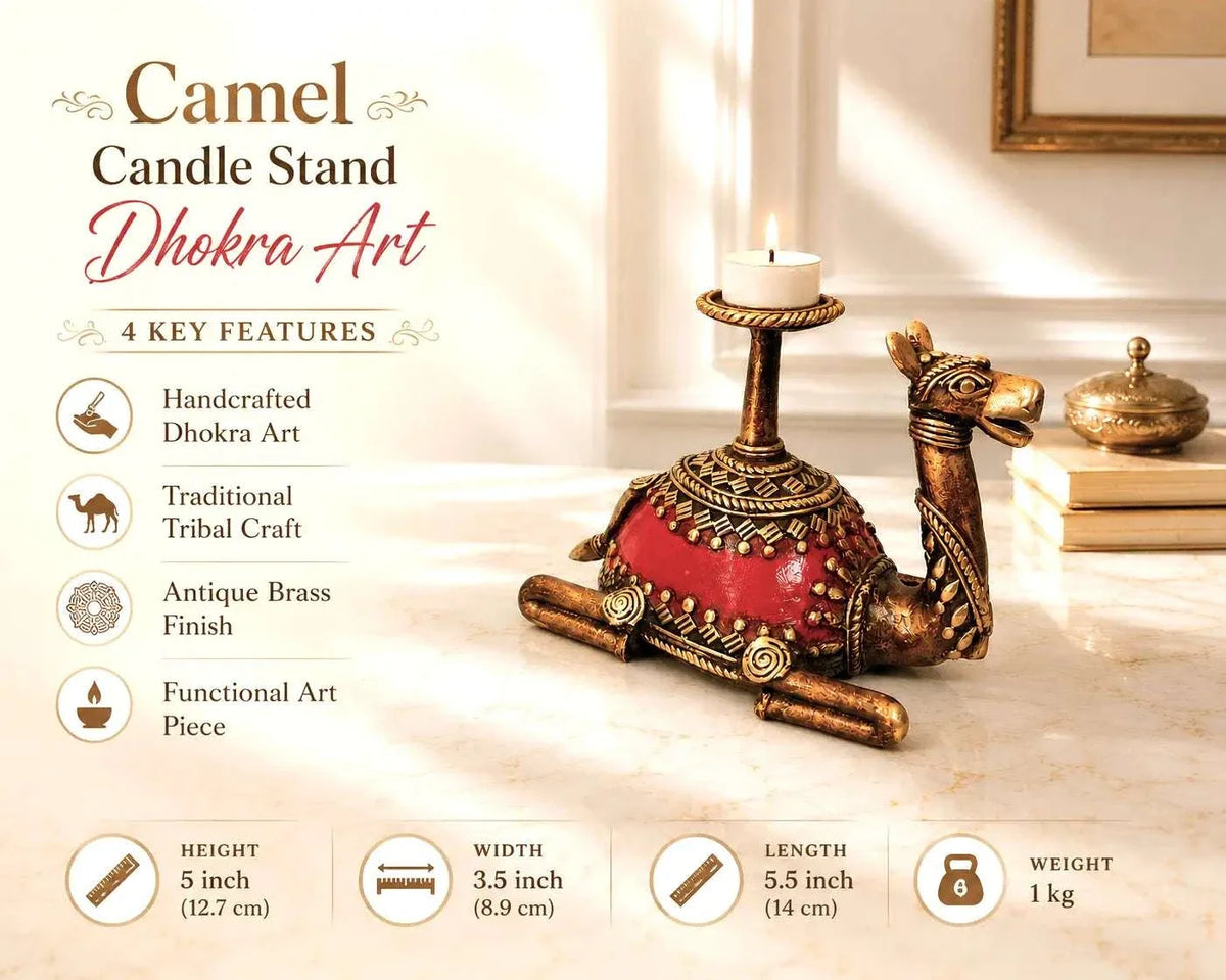Brass Dhokra Sitting Camel Candle Stand (5 Inch)