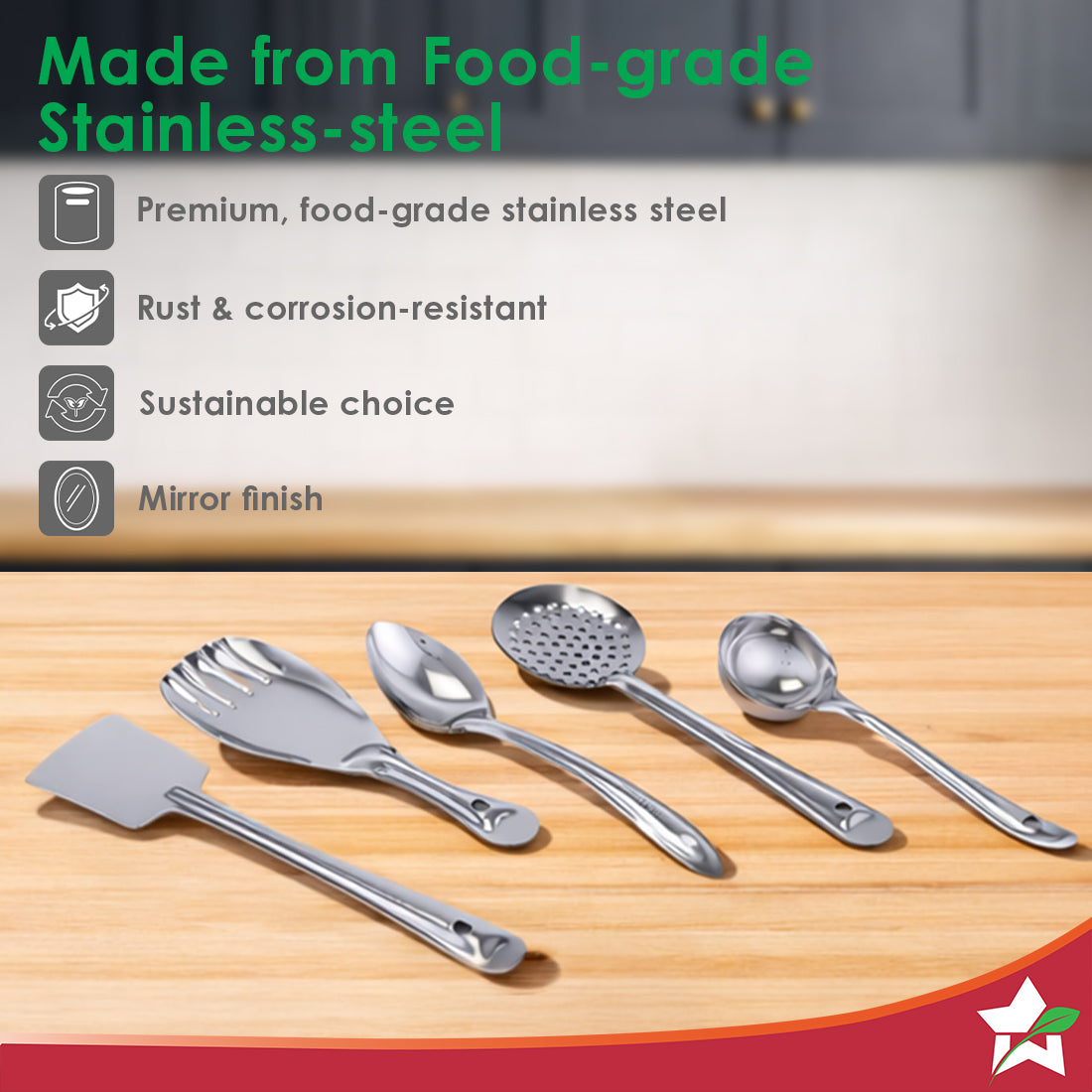 Wonderchef Venice 5 Pcs. Stainless-steel Kitchen Tools Set, Ladle, Turner, Skimmer, Serving Spoon, Rice Server for Cooki