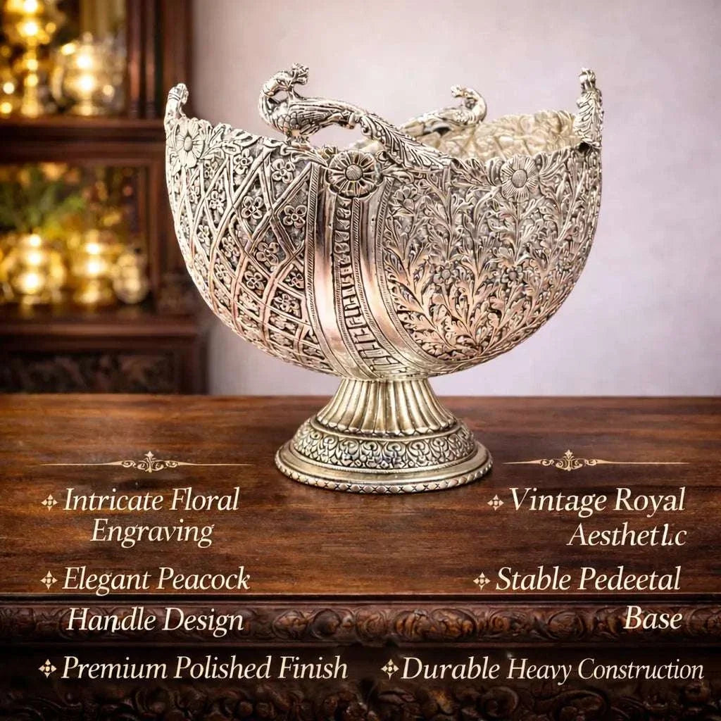 Brass Silver Plated Decorative Basket with Peacock Design (10 Inch)