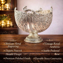 Brass Silver Plated Decorative Basket with Peacock Design (10 Inch)