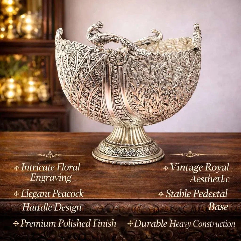 Brass Silver Plated Decorative Basket with Peacock Design (10 Inch)