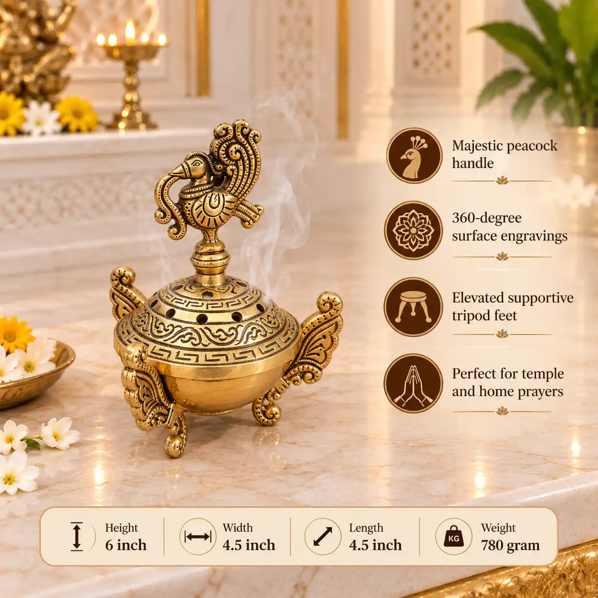 Brass Peacock Dhoop Dani & Incense Holder