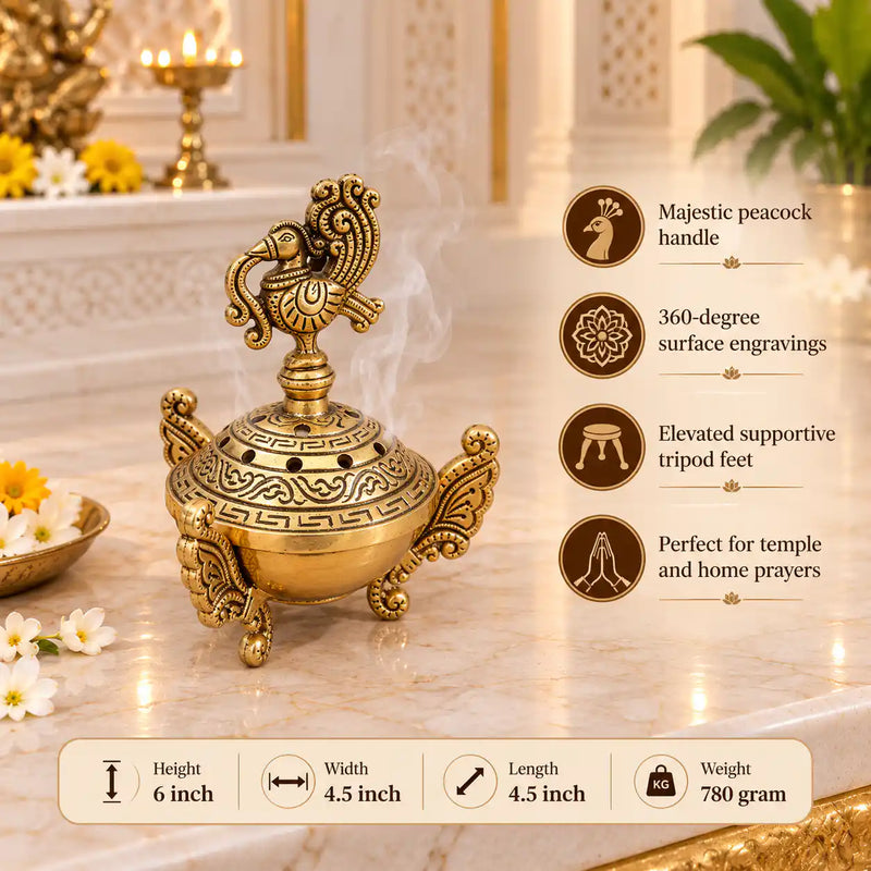 Brass Peacock Dhoop Dani & Incense Holder