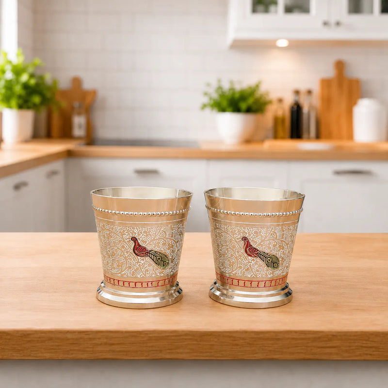 Brass Peacock Hand Painted Glass Pair (2.5 Inch)