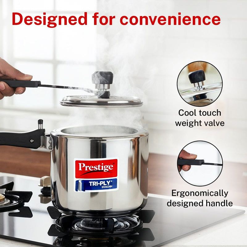 Prestige Vectra 4 Burner Glass Top Gas Stove, Toughened Glass, Jumbo Brass Burner, Black + Prestige 3 Litre TRIPLY Svachh Inner Lid Pressure Cooker, Deep Lid for Spillage Control, Gas & Induction, ISI