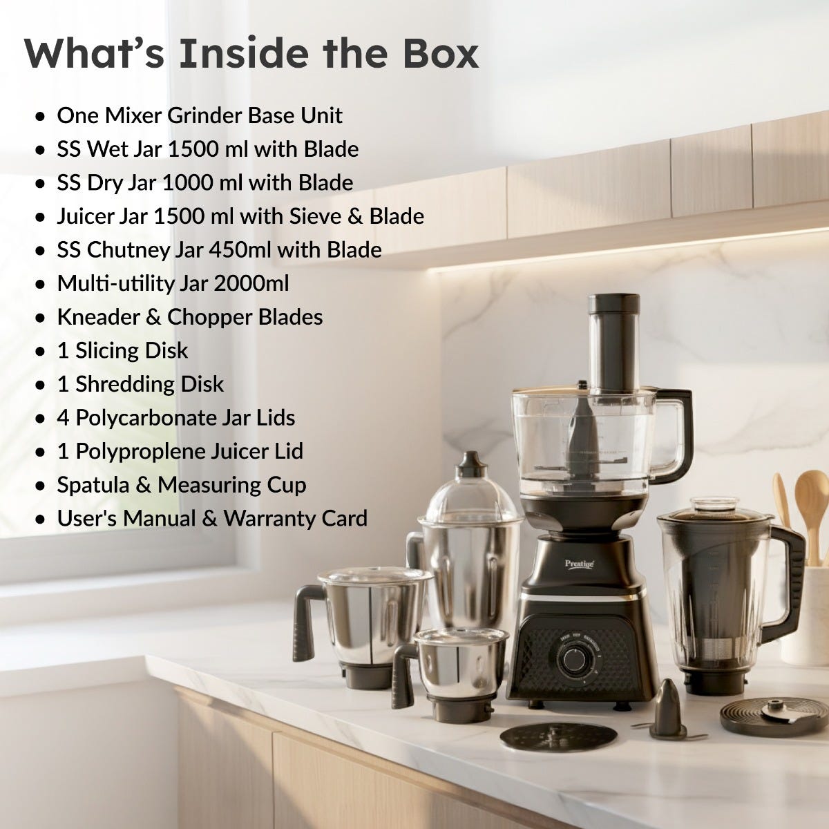 Prestige Prisma Pro 750W 5 Jars Mixer Grinder, 3 Stainless Steel Jars, 1 Multi Utility Jar, 1 Juice Jar, 6 Efficient Blades, Black & Silver + Prestige 1.5L PMC 3.0 Plus Multi Kettle / Multi Cooker