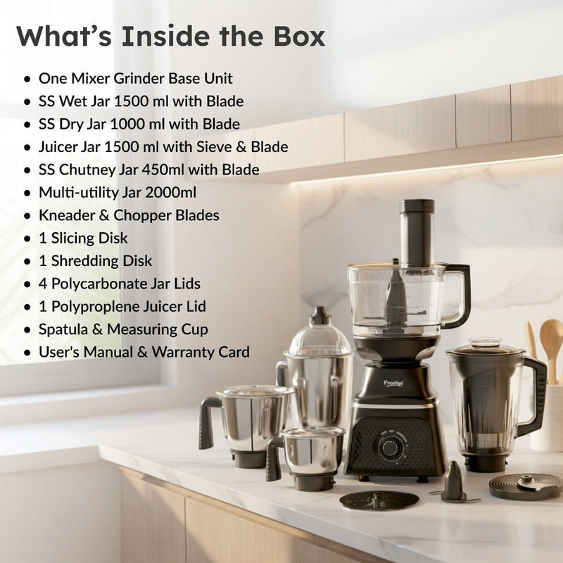 Prestige Prisma Pro 750W 5 Jars Mixer Grinder, 3 Stainless Steel Jars, 1 Multi Utility Jar, 1 Juice Jar, 6 Efficient Blades, Black & Silver + Prestige 1.5L PMC 3.0 Plus Multi Kettle / Multi Cooker