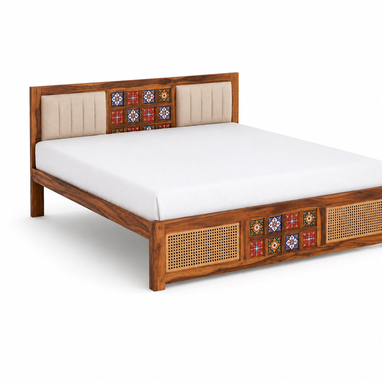 Premium Sheesham Wood Upholstered Bed with Handcrafted Ceramic Tile & Cane Panels