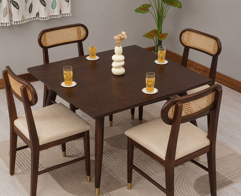 Ashton Solid Wood Rattan Cane Squre Dining Table Set -4 Seater 