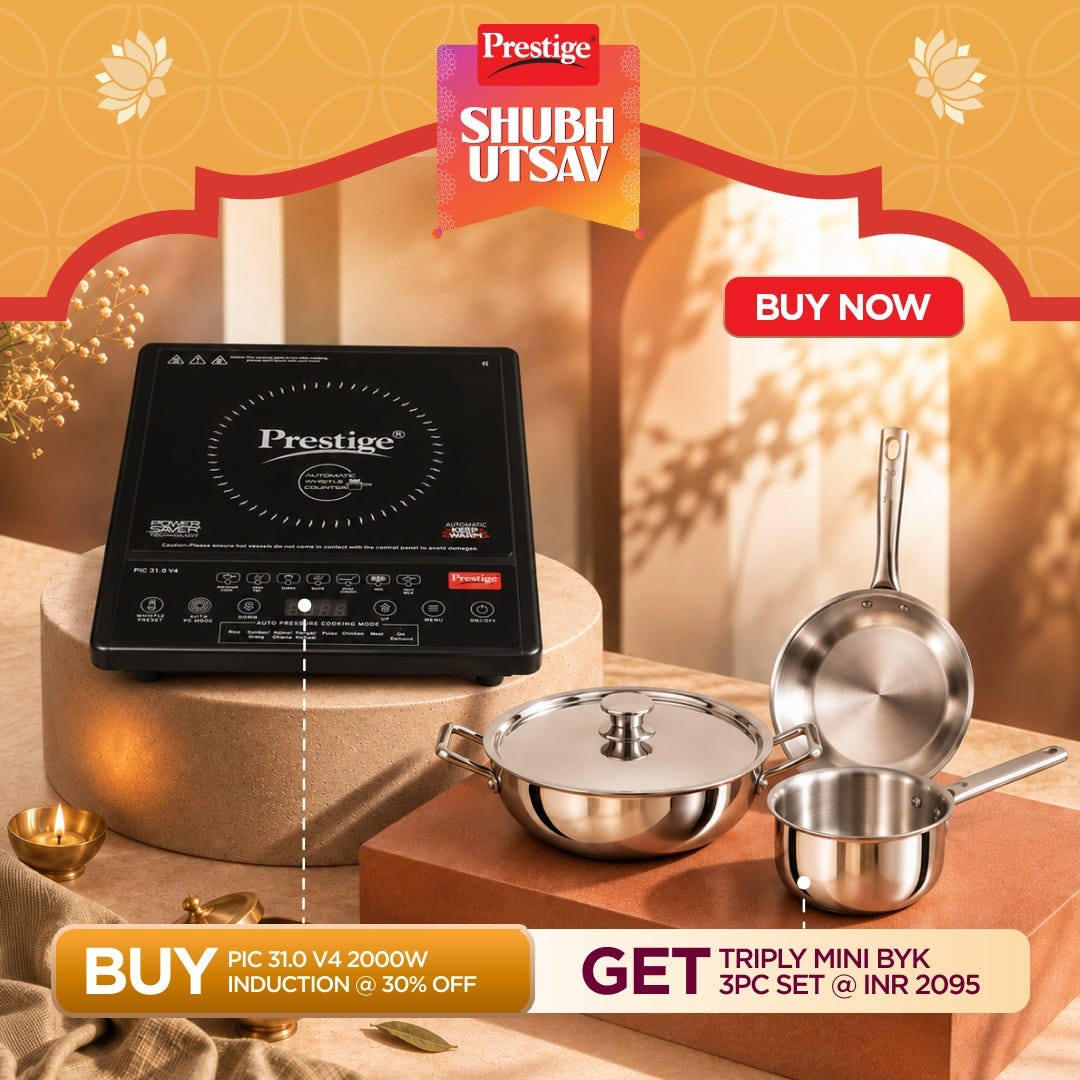 Prestige Induction Cooktop PIC 31.0 V4 + Prestige TRIPLY Splendid 4 Pc Cookware Set: Fry Pan 22cm, Kadai 22cm, Saucepan 14cm, SS Lid 24cm, Gas & Induction Compatible, 15Y Warranty