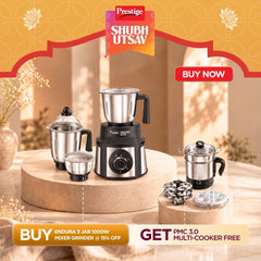 Prestige Endura 1000W Mixer Grinder, 3 SS Jars, Stainless Steel Body, Ball Bearing Pure Copper Motor, See-Through Lids, Black & Silver + Prestige 1.5L PMC 3.0 Plus Multi Kettle / Multi Cooker
