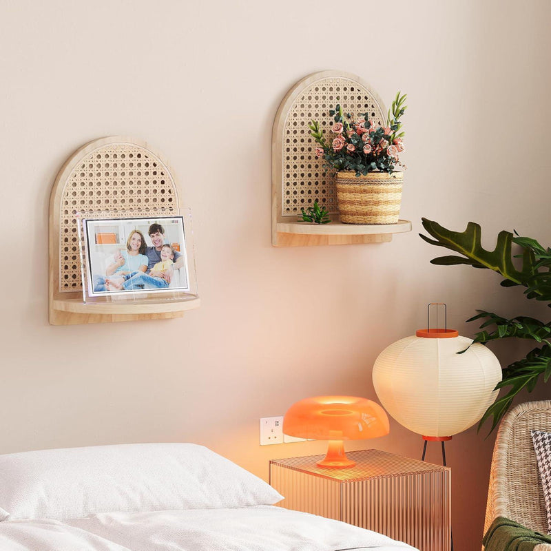 Natural Rattan Arch Wall Display Shelf- Set Of 2