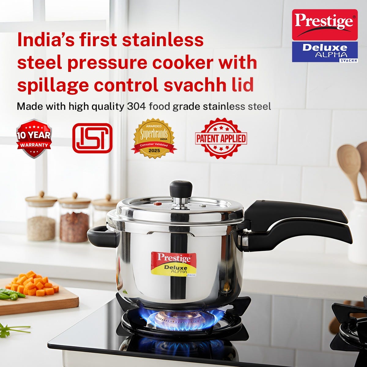 Prestige Deluxe Alpha Svachh Stainless Steel Spillage Control Pressure Cooker, 4 L (Silver), Prestige Omega Deluxe Granite Non-stick Round Base Omni Tawa, 25 cm (Black)