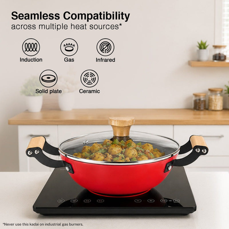 Prestige Castlite Enamel Coated Cast Iron Fry Pan 20cm/0.8L, Lightweight, Stay-Cool Handle + Prestige Castlite Enamel Coated Cast Iron Kadai 24cm/2.3L with Glass Lid, Gas & Induction, 15Y Warranty