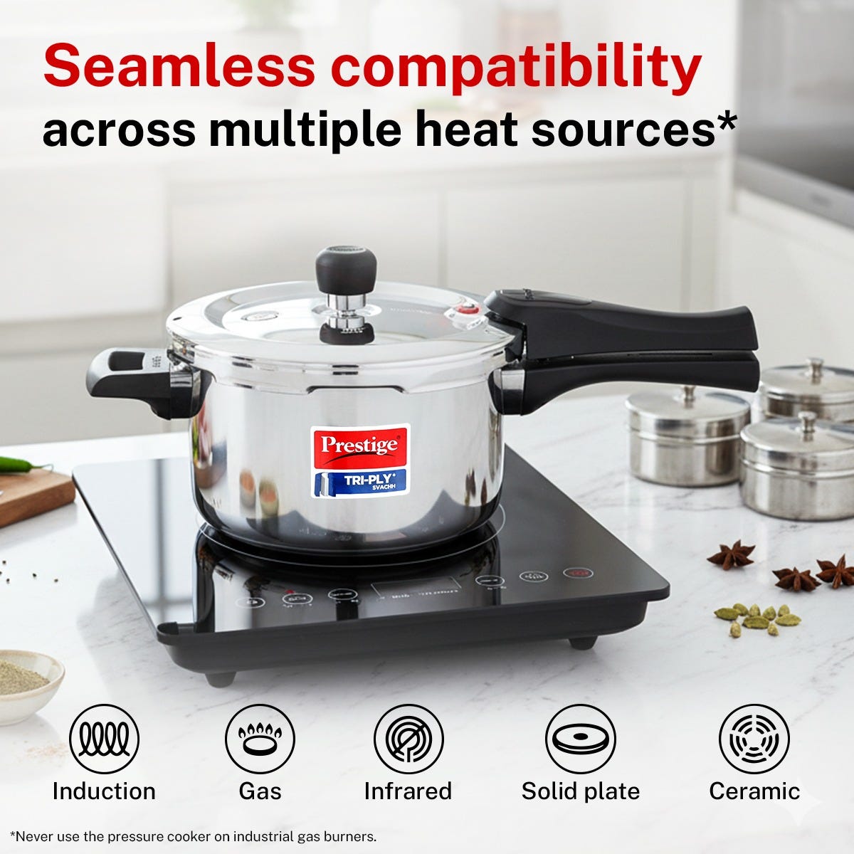 Prestige 3 Litre TRIPLY Svachh Outer Lid Pressure Cooker, Deep Lid Spillage Control, Gas & Induction + Prestige Platina Popular Stainless Steel Impact Forged Bottom Kadai with Glass Lid, 24cm, 2.8 L